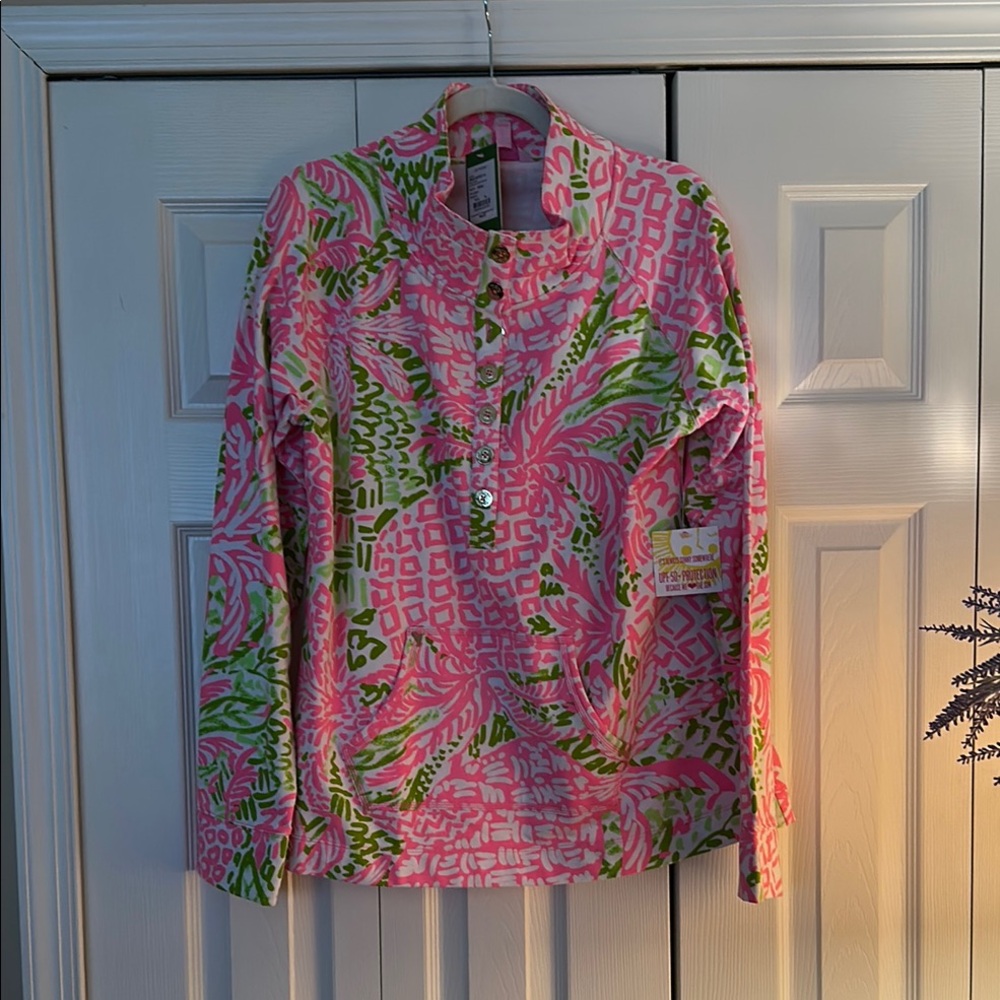 Vibrant Pink and Green Lilly Pulitzer 1/2 button Front Patterned Pullover